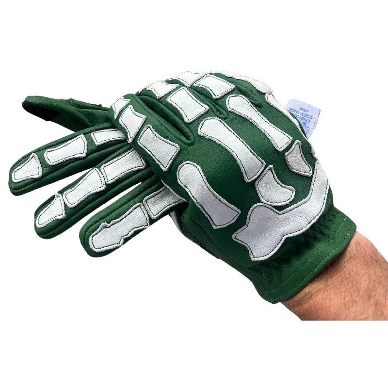 glove for youth-  Skeleton Leather Motorcycle Glove - Green & White