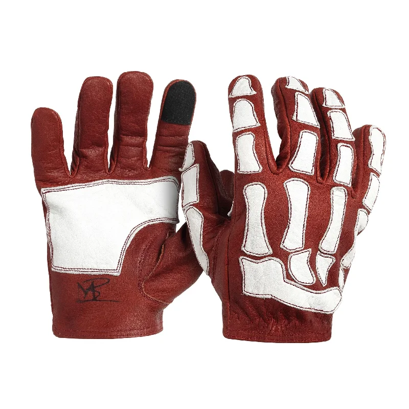 glove with firm base-  Skeleton Leather Motorcycle Gloves - Red-White