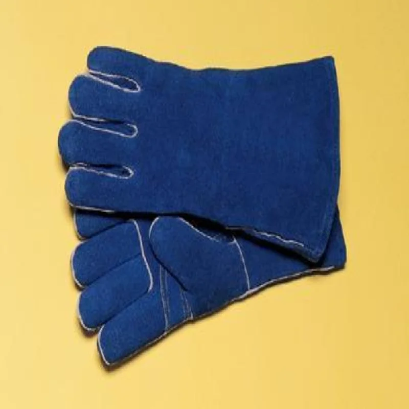 glove with bold design-  Radnor Large Blue 14" Shoulder Split Cowhide Cotton/Foam Lined Insulated Left Hand Welders Glove With Reinforced, Wing Thumb, Welted Fingers And Kevlar Stitching