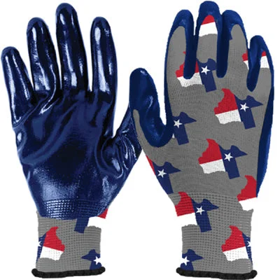 glove with durable vibe-  Work Gloves, Nitrile Palm, Knit, Texas Flag Pattern, Men's Large (Pack of 6)