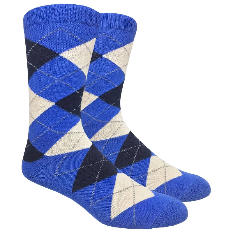 sock with vibrant edge-  FineFit Blue Argyle Dress Sock with Navy and Cream Pattern