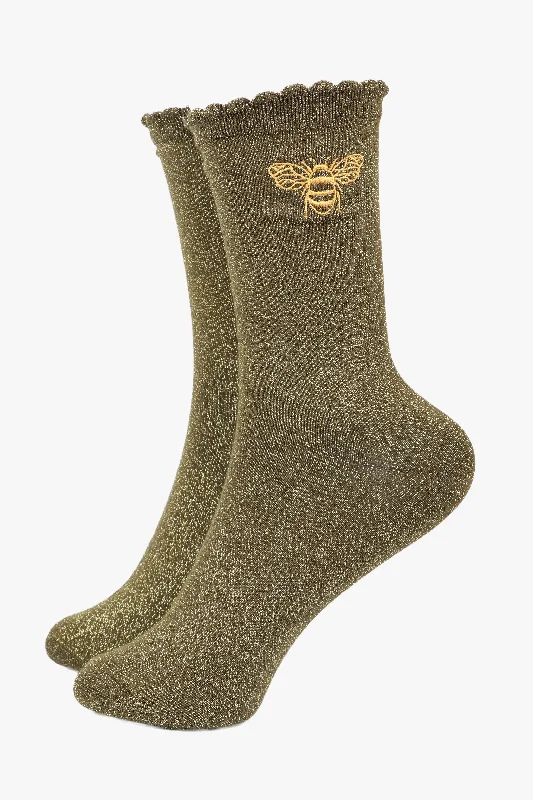 sock for stylish vibe-  Sock Talk/Khaki Bee Glitter Socks with a Scalloped Cuff