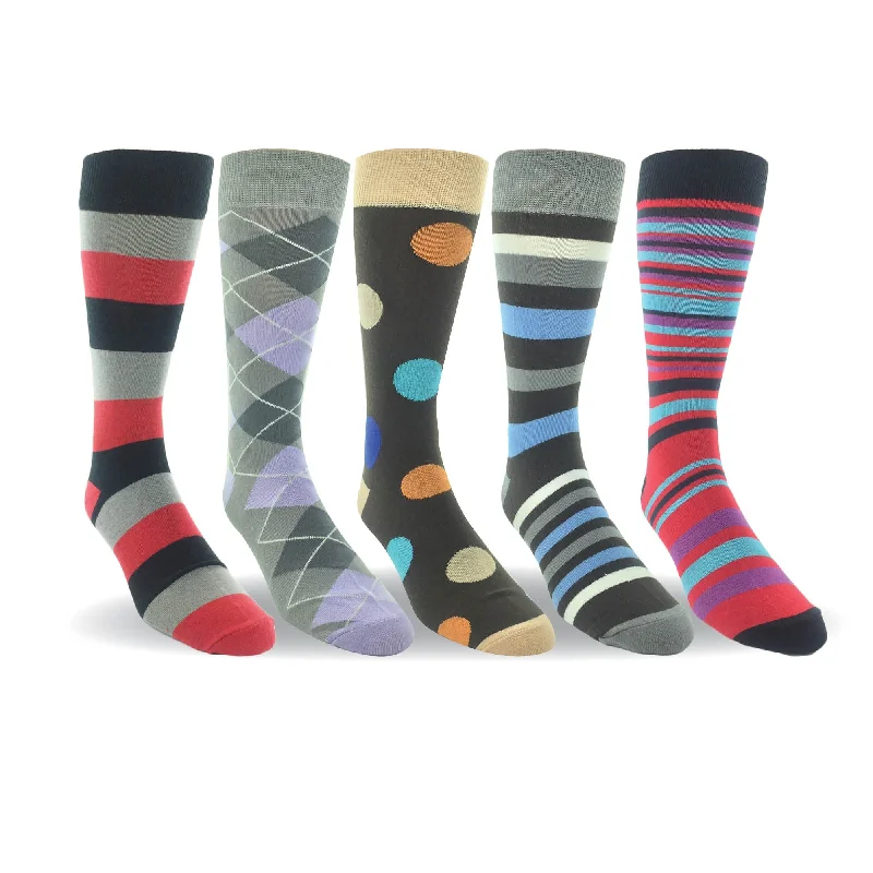 sock with durable edge-  Men 5 Pairs Cotton Crew Dress Socks Patterned Flat Knit