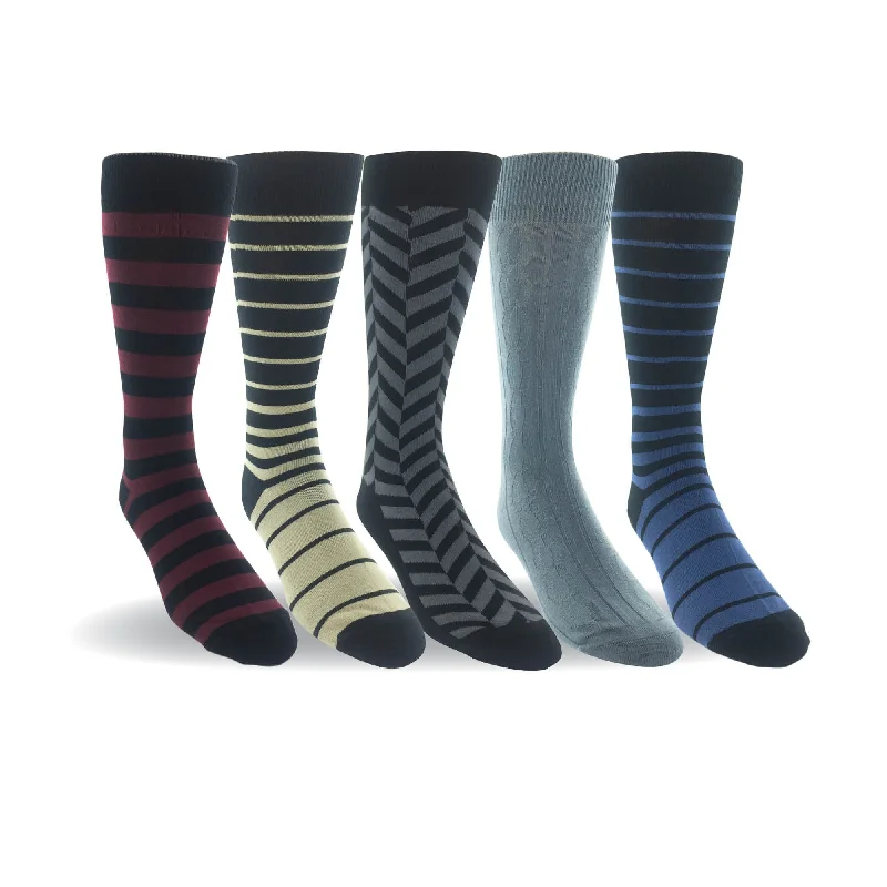 sock with classic vibe-  Men 5 Pairs Cotton Crew Dress Socks Striped Flat Knit