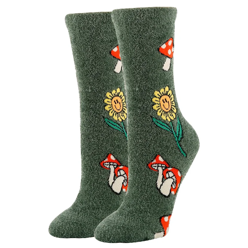 sock for travel-  Oooh Yeah/Mushroom Fields | Women's Funny Fuzzy Crew Socks