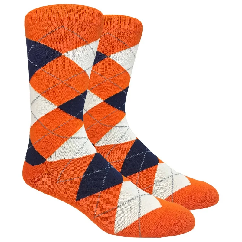 sock with clean edge-  Orange Argyle Dress Sock
 with Navy and Cream Pattern