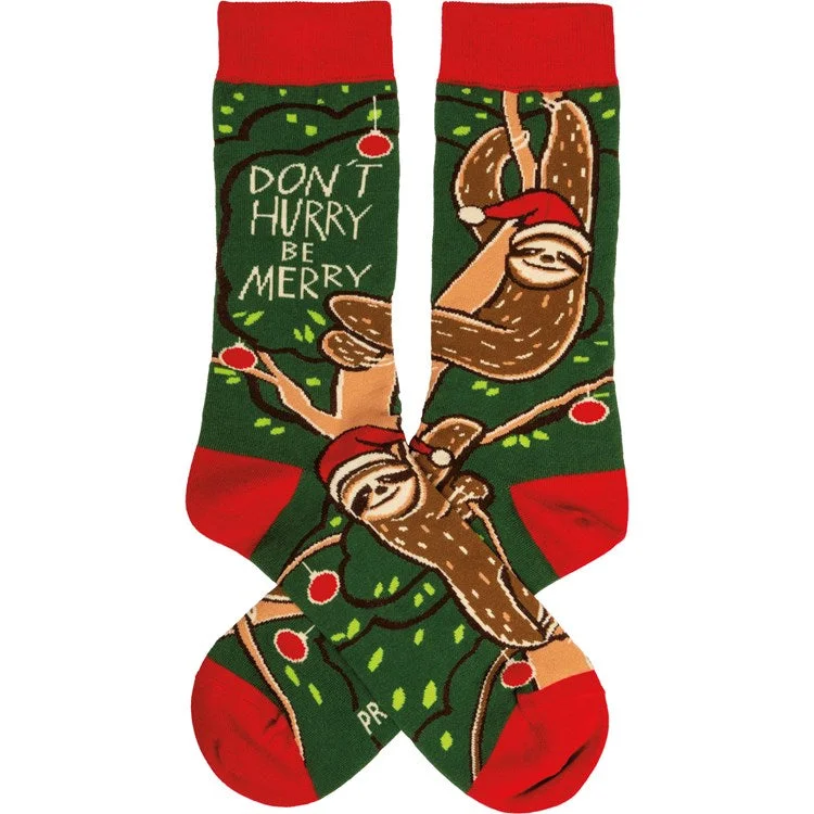 sock with classic edge-  Christmas Sloth, Don’t Hurry Be Merry