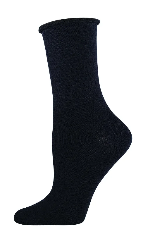 sock with clean finish-  SOLID WOMEN'S BAMBOO ROLL TOP CREW