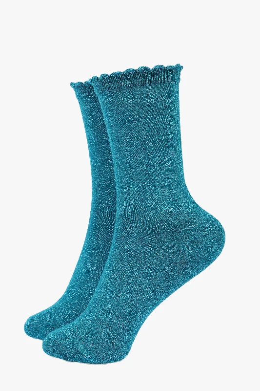 sock with rugged shade-  Sock Talk/Teal All Over Glitter Socks with a Scalloped Cuff