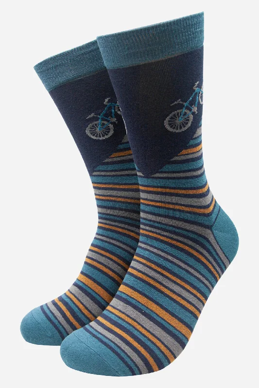 sock for daily shade-  Sock Talk/Teal Men's Mountain Bike and Stripe Print Bamboo Socks