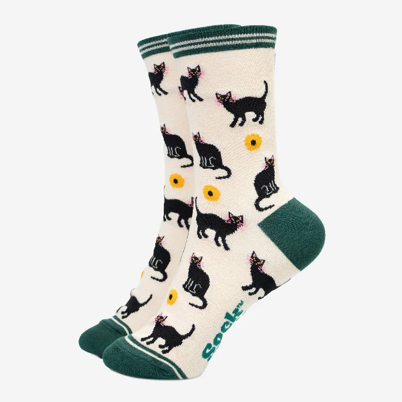 sock with solid vibe-  Sock Talk/Women's Ankle Sock - Cream/Green, Cats and Sunflowers