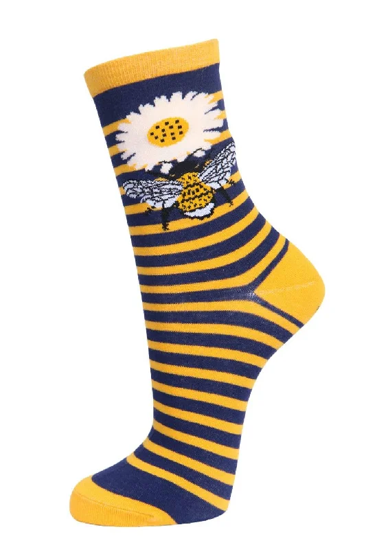 sock with solid shade-  Sock Talk/Womens Bamboo Socks Bumble Bees Floral Stiped Ankle Socks