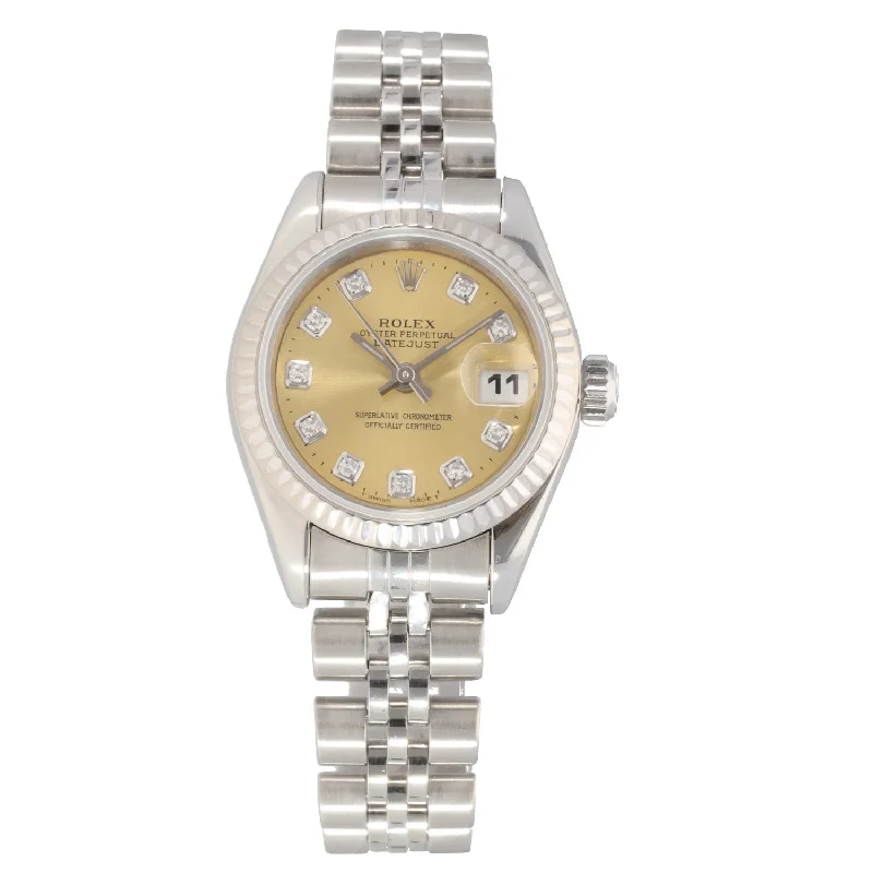 watch with metallic finish-  Rolex Lady Datejust 69174 26mm Stainless Steel Watch